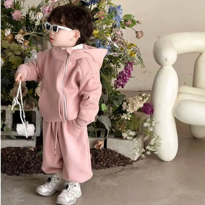 2 Pcs Hooded Set New Kid Clothing 2026 Autumn Winter Korean Boy Fleece Lining Thick Girl Fashion Sports Zipper Cotton Outfits