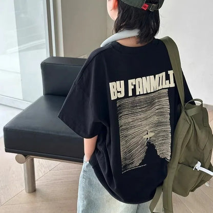 Black Graffiti Letters Pure Cotton Short Sleeve T-Shirt for Tween Boys Loose Fit Summer Youthful Wear Kids Outerwear Clothing