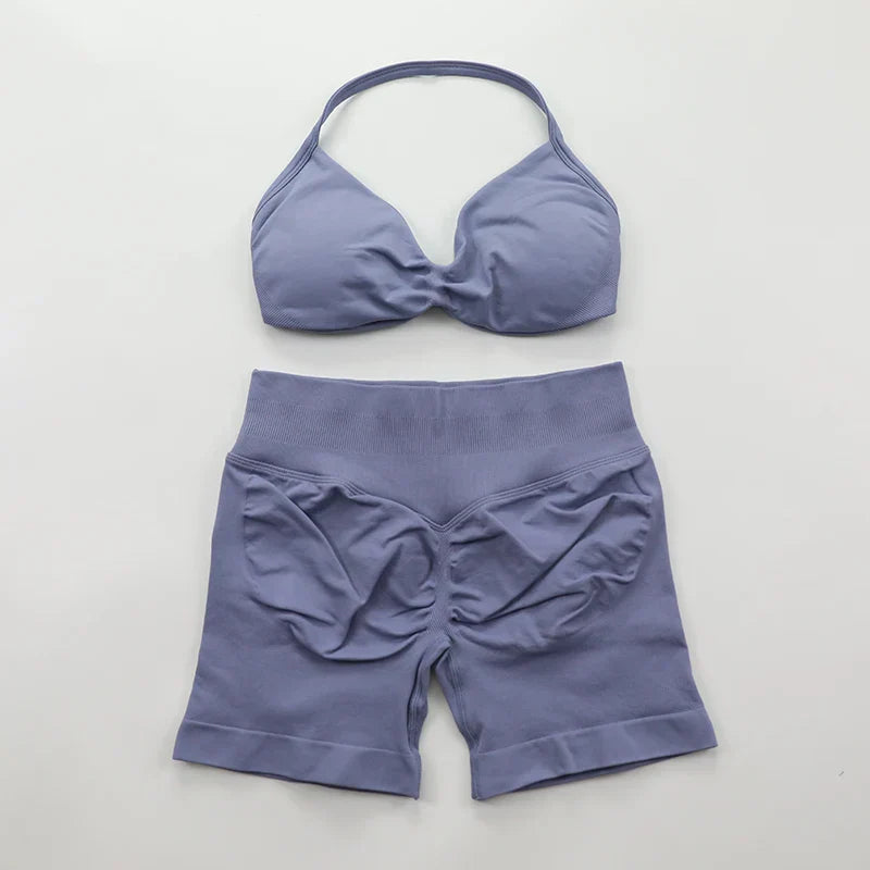 Scrunch Seamless Yoga Set Women Sportswear Ribbed Gym Shorts Strappy Sports Bra 2 Piece Set Halter Workout Clothes Fitness Suit