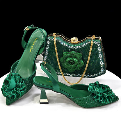 Elegant Shiny Dark blue Handbag and Medium Heel Shoes Set with Beautiful Handmade Flowers for Weddings and Parties