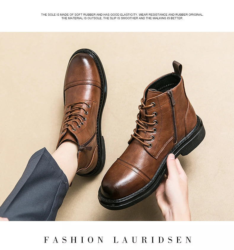 Men Black Leather Boots Casual Lace Up Leather Shoes Size 39-46