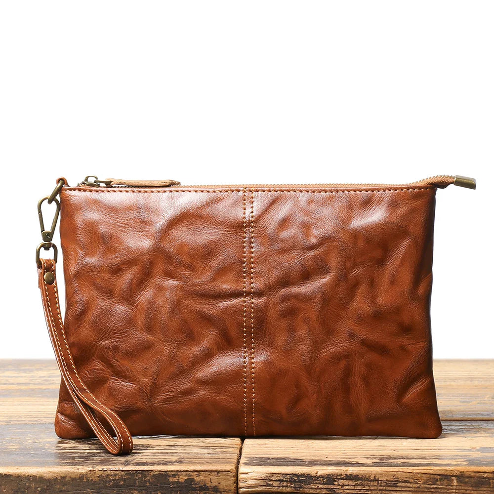Timeless Vintage Leather Clutch Wallet - Luxurious Genuine Leather, Secure Zipper, Stylish Wristlet for Women