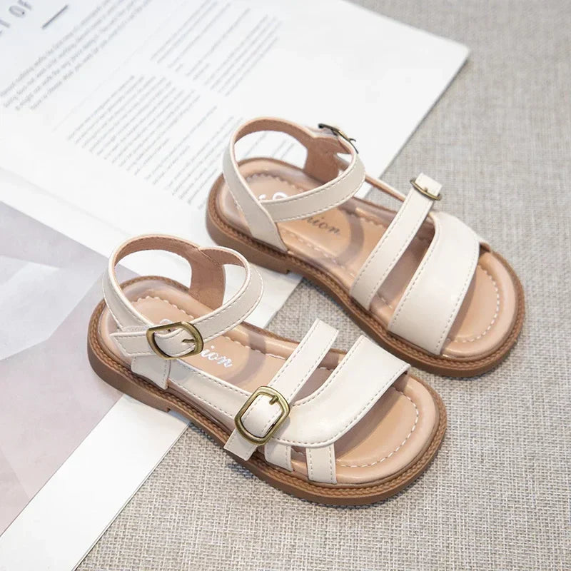 Girls Roman Sandals Open Toe Little Kids Leather Sandals with Buckle Open Toe Children Summer Beach Shoes Non-Slip Soft Sole