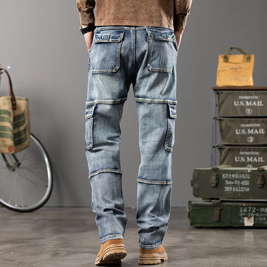 Autumn and winter new styles Men's Outdoor Wide Leg Workwear Multi-Pocket Jeans Straight fit plus size men's jeans  42 44