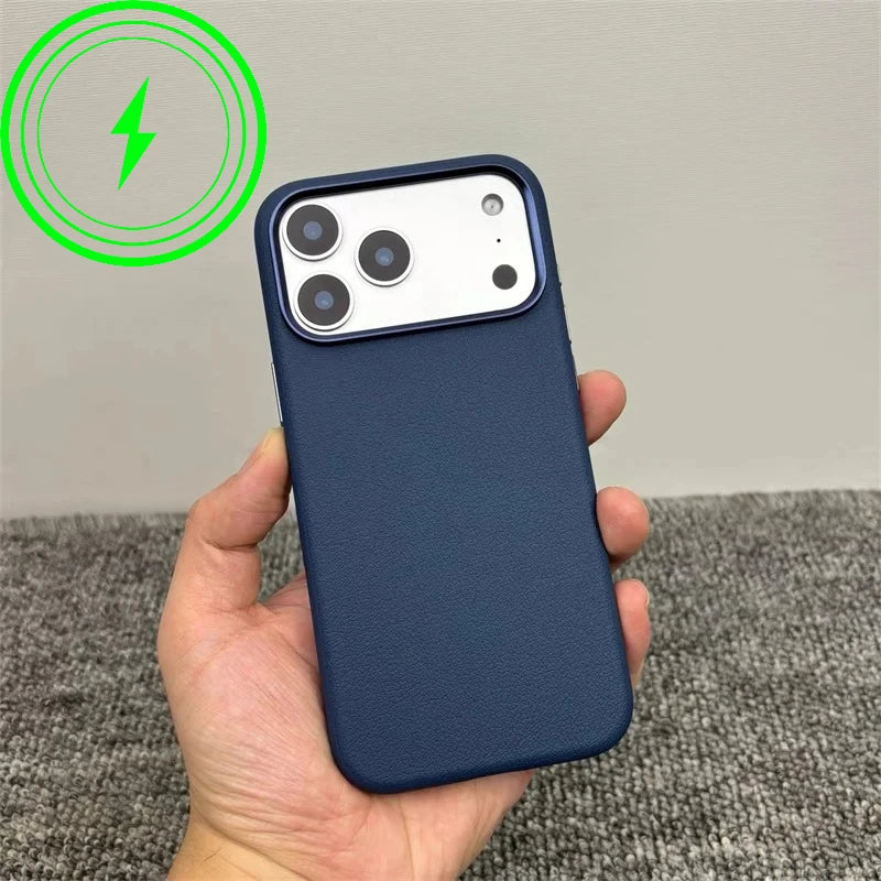 Luxury For MagSafe Wireless Charge PU Leather Phone Case For IPhone 17 Air Pro Max Magnetic Frosted Soft Silicone Protect Cover