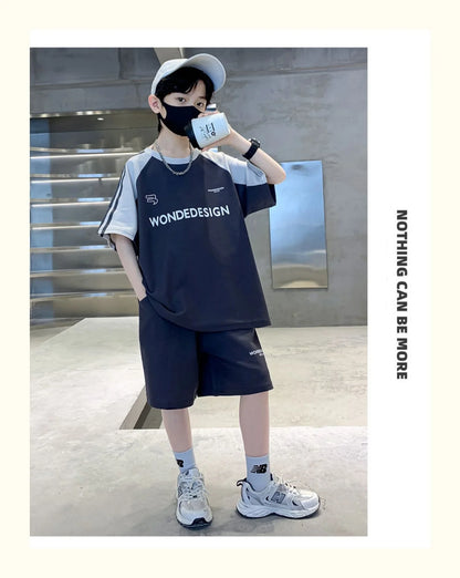 Summer Boys Cotton Loose Contrast Alphabet T-Shirt Tops+Shorts Pant School Kids Tracksuit Child 2PCS Outfit Workout Set 5-16 Yr