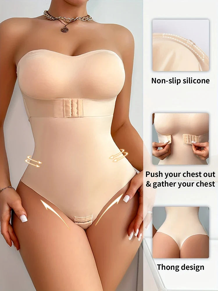 Large Size Strapless Thong Bodysuits Women Belly Control Full Body Shaper Adjustable Bust Removable Push Up Breast Underwear 4XL
