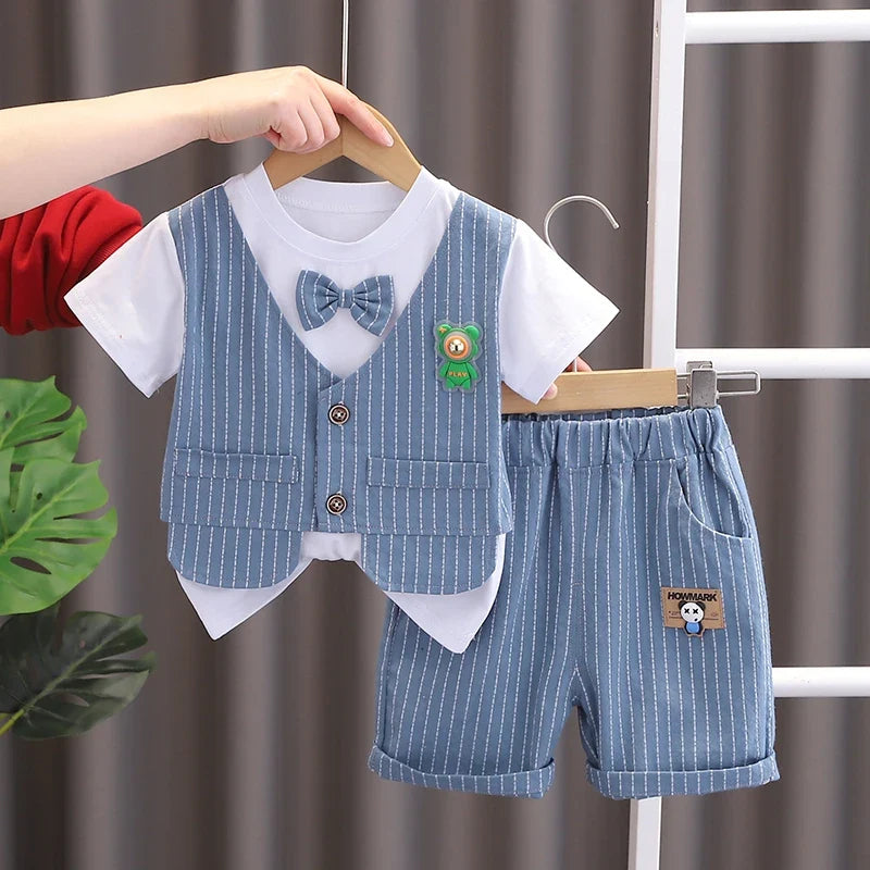 New Summer Kids Boys Clothes High Qulity Short Sleeve Gentleman Patchwork T Shirt Pants Toddler Boy Clothing Casual Outfits