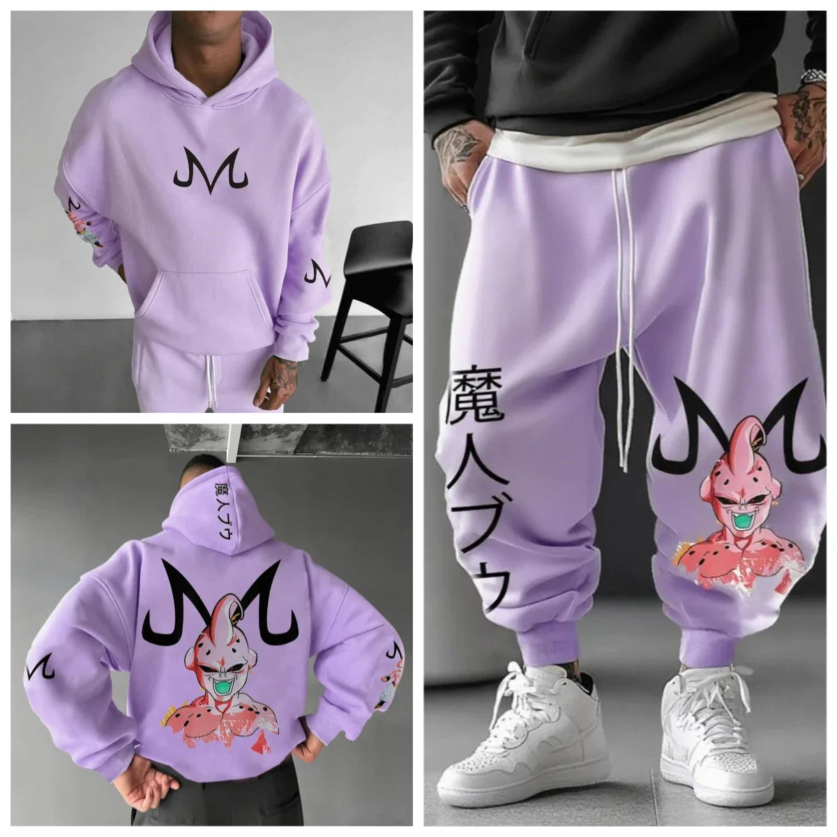 Majin Buu Hoodie Pants Set Anime Cotton Loose Fit Graphic Print Streetwear Casual Sweatshirt Joggers Japanese Cartoon Character
