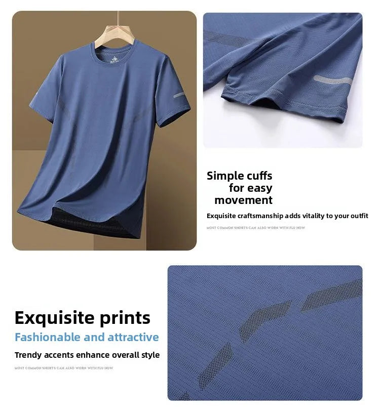 Ice Silk Men's T-Shirt Quick Dry Thin Short Sleeve Breathable Half Sleeve Large Size Casual Sporty Trendy round Neck Short Sl...