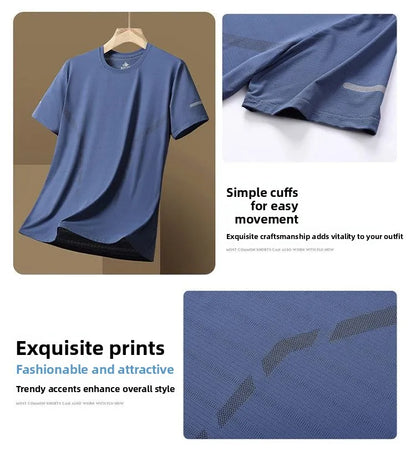 Ice Silk Men's T-Shirt Quick Dry Thin Short Sleeve Breathable Half Sleeve Large Size Casual Sporty Trendy round Neck Short Sl...