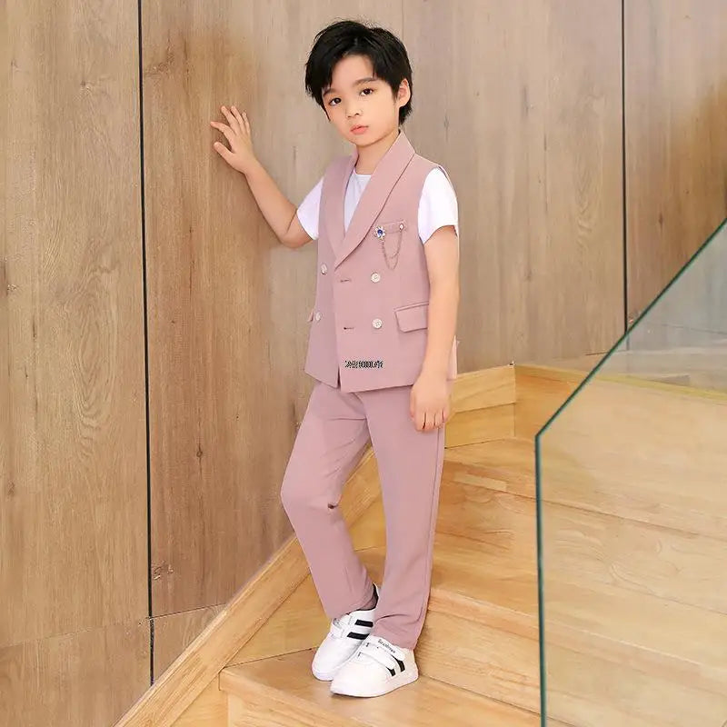 Children Formal Wedding Suit Kids Vest Pants Party Photograph Set Teenager Boys Tuxedo Party Dress Child Dance Show Costume