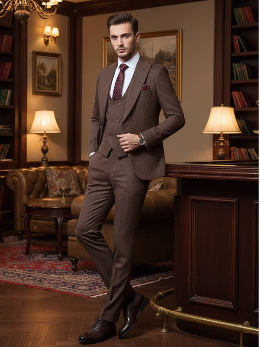 High Quality Men's Suit Brown 3 Pcs Set Slim Fit Male Groom Wedding Blazers Party Dress Suit Business Office