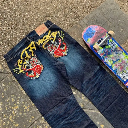Mens Jeans Streetwear Y2K Vintage Straight Leg Denim Pants Skull Rose Flame Print Design Loose Fit Retro Punk Hip Hop Fashion
