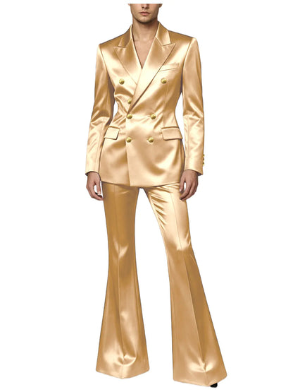 Men's Double Breasted Satin Suit Set 2 Piece Notch Lapel Gold Button Blazer Flare Pants Formal Wedding Prom Party Groom Outfit