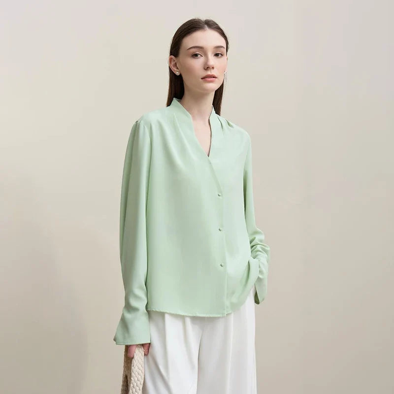 Elegant Women's Blouse 2026 Autumn New V-Neck Pleated Flared Sleeve Chiffon Shirt Women's Loose Long Sleeve Top 12641070
