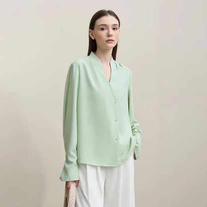 Elegant Women's Blouse 2026 Autumn New V-Neck Pleated Flared Sleeve Chiffon Shirt Women's Loose Long Sleeve Top 12641070