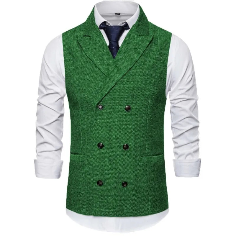 Men Vest Brown Herringbone Double Breasted Buckle Solid Business Casual Waistcoat Regular Slim Banquet Men Suit Vest