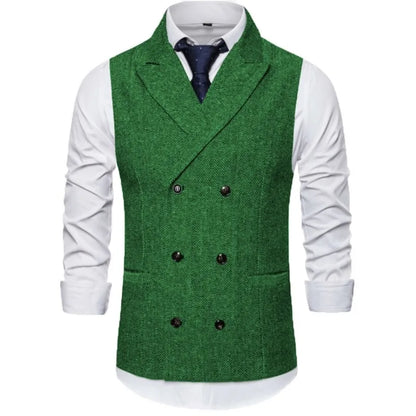 Men Vest Brown Herringbone Double Breasted Buckle Solid Business Casual Waistcoat Regular Slim Banquet Men Suit Vest