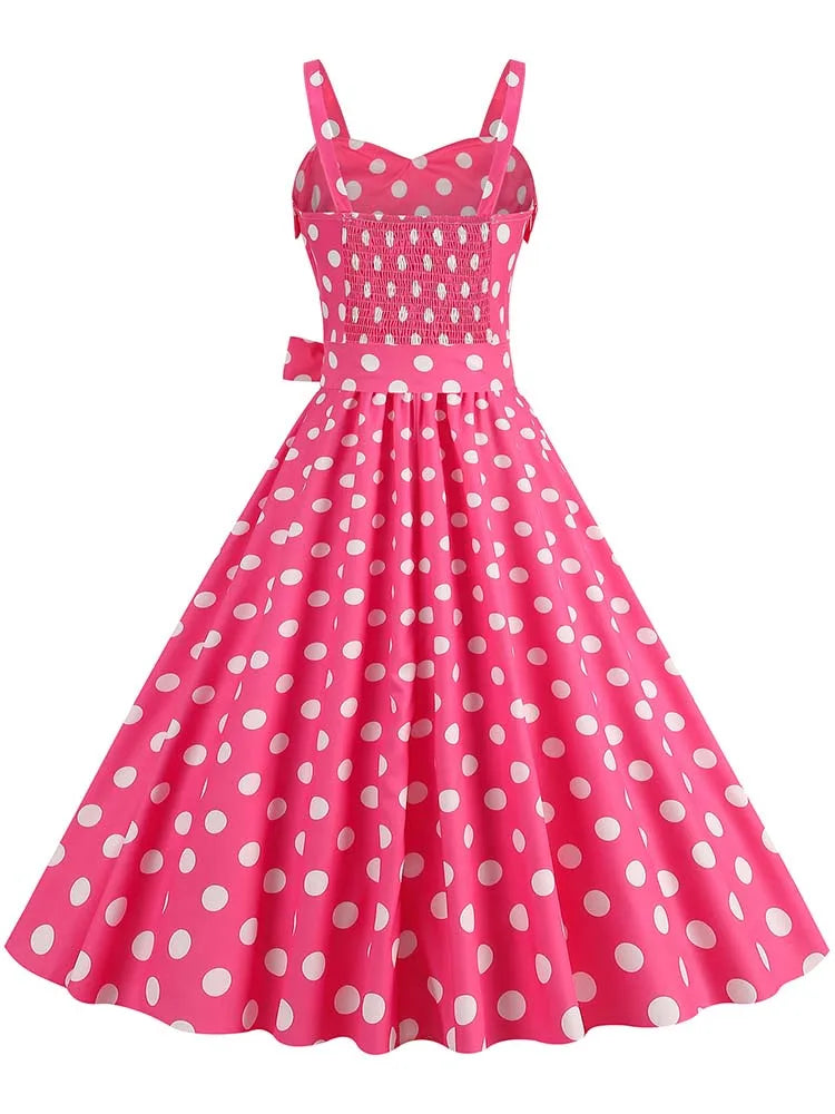 Spaghetti Strap Pink Plaid Dress Women Summer Elegant Vintage 50s Rockabilly Swing Party Dress