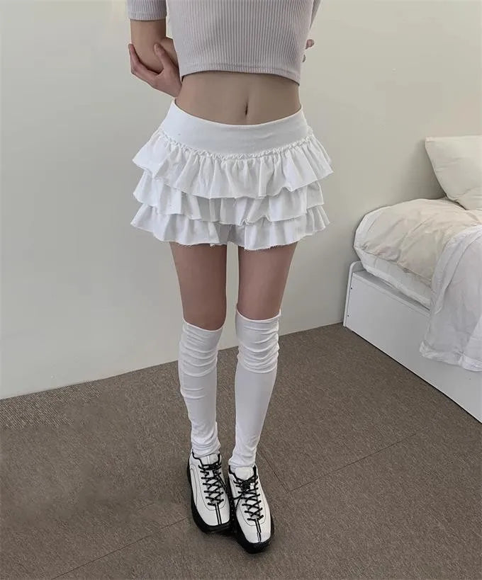 Y2k Lolita Mini Cake Skirt Soft Girl low Waist Ruffle Fluffy Fairy Skirts Summer Kawaii Cute Elegant Short Skirt Black