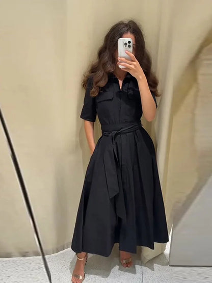 Elegant Belt Women Long Black Dress Full Sleeve Pleated Lapel Waist-Closed Female  A Line Dresses 2026 Spring Lady Robes New