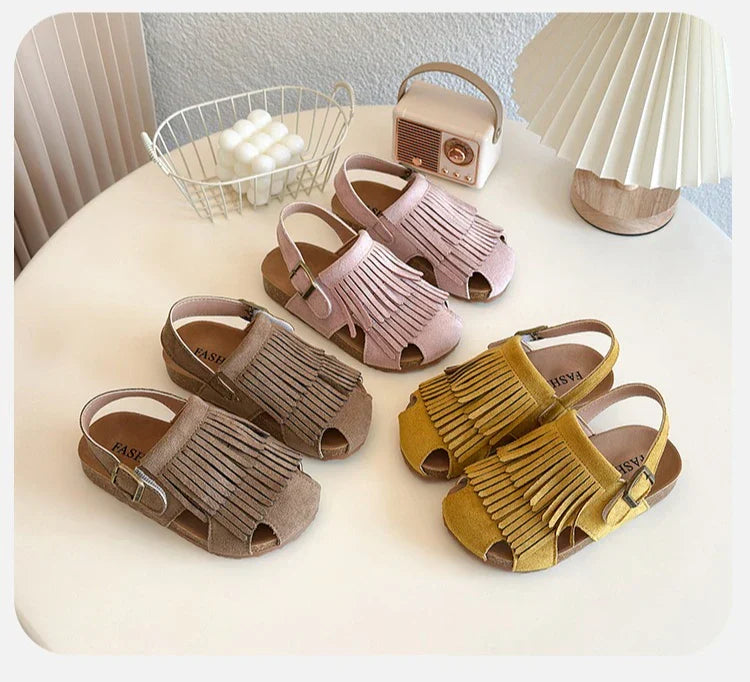 Summer Anti-Slippery Kids Suede Sandals for Girls Non-Slip Closed Toe Toddler Beach Shoes with Cute Tassels School Casual Wear