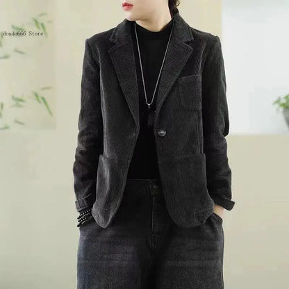 Female Loose Casual Office Ladies Spring Autumn Blazer Jacket Women Korean Long Sleeve Corduroy Suit Coat