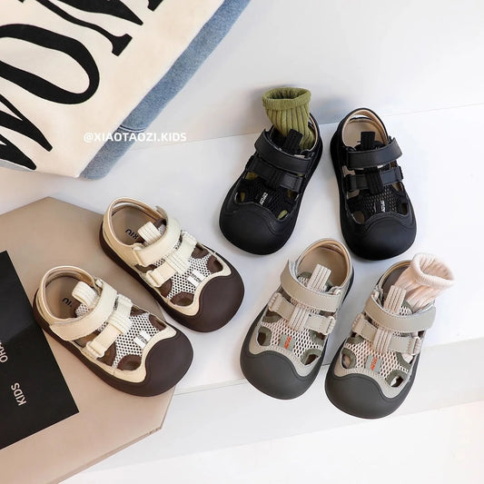 Children Sports Sandals Versatile Kids Causal Cut-outs Sandals Summer Fashion Boys Girls Patchwork Mesh Beach Shoes Black Beige