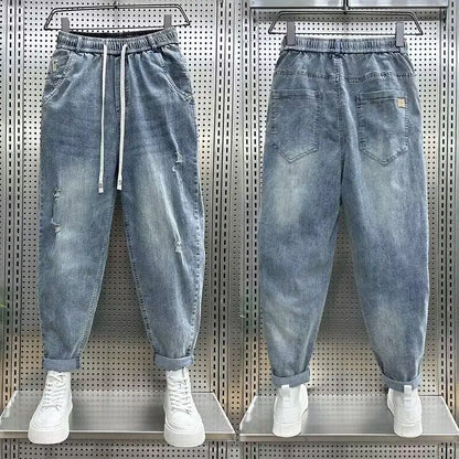 Korean Fashion Men Luxury Clothing Men 2024 Autumn Loose Drawstring Denim Jeans with Embroidery Casual Elastic Baggy Harem Pants