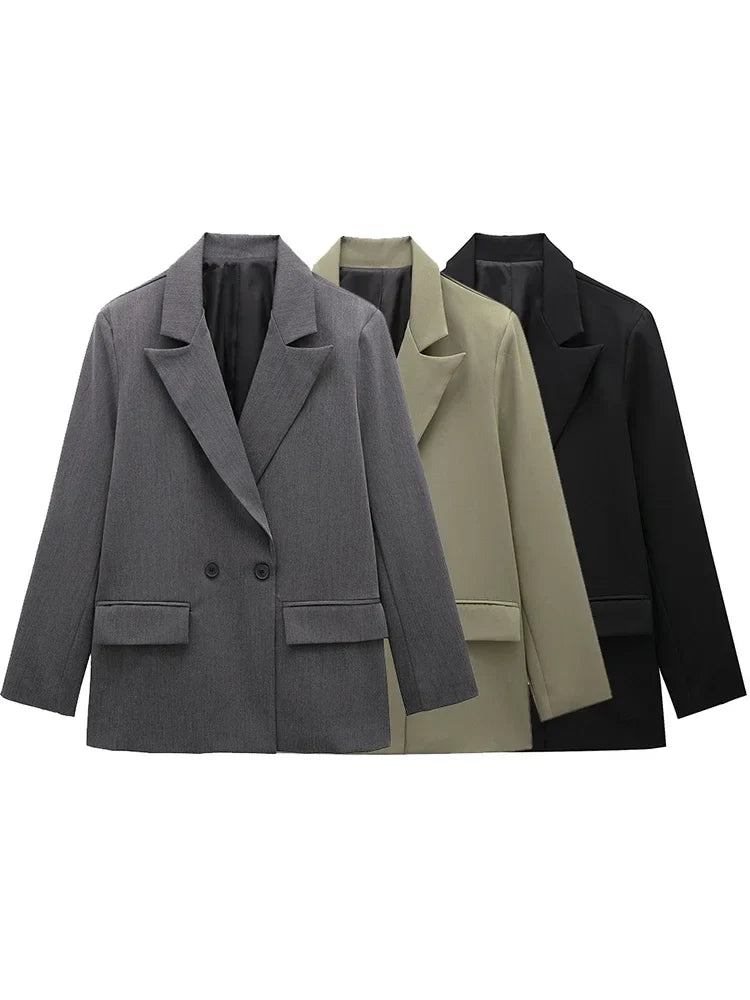 Women Fashion With Pockets Solid Double Breasted Blazer Vintage Long Sleeves Notched Neck Female Office Lady Outfits