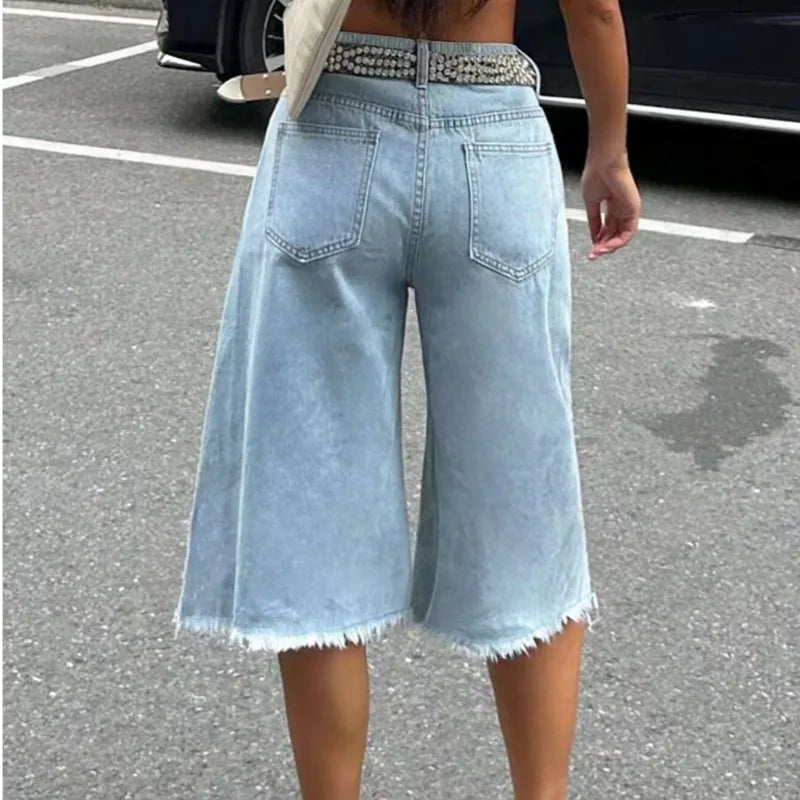 Women Asymmetric Fray Raw Hem Capri Jeans Light Blue Distressed Ripped Loose Fit Street Mid Calf Denim Shorts