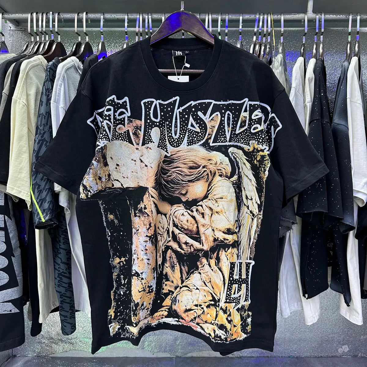 Masked Tattoo Angel Gun Diamond Short Sleeve Tshirts for Men and Women Crew Neck Cotton Summer Top Tees Oversized