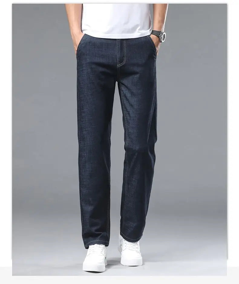 Light blue classic business jeans, fashionable breathable denim elastic pants, black blue men's straight leg jeans, sizes 28-40