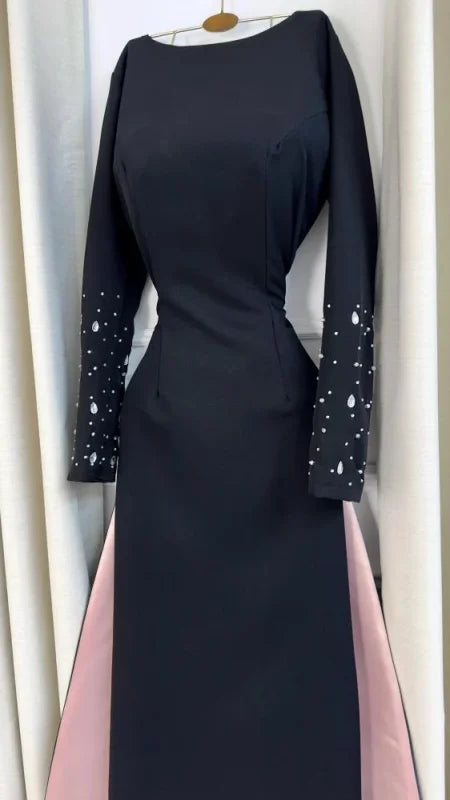 Custom Made O-neck Solid Sexy Sheath Backless Evening Dress Long Sleeve Beaded Crystal Floor Length Party Dress with Court