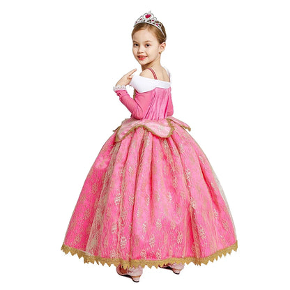Girls Princess Dress Sleeping Beauty Aurora Cosplay Costume 2025 Kids Carnival Birthday Party Pink  Long Sleeve  Evening Dresses