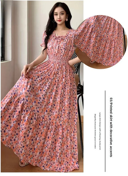 Summer New Cotton Silk Floral Print Maxi Dr ort Sve Beachwear High Waist Young Women's Large Skirt Swing Dr