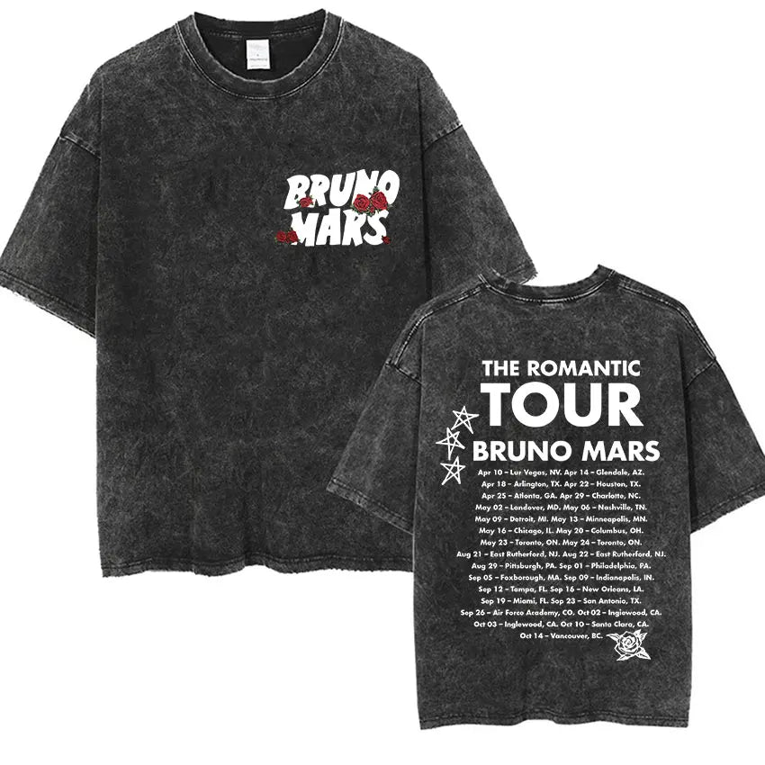 Bruno Mars The Romantic Tour 2026 Vintage Washed T Shirts Men's Women Punk Gothic Fashion Cotton Short Sleeve T-Shirt Streetwear