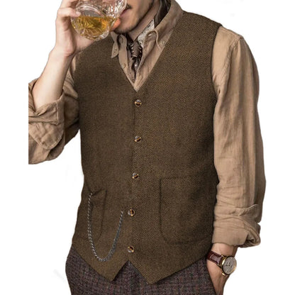 Men Vest Coffee Herringbone Solid Single Breasted Waistcoat For Wedding Business Banquet Party Work Daily Casual Men Suit Vest