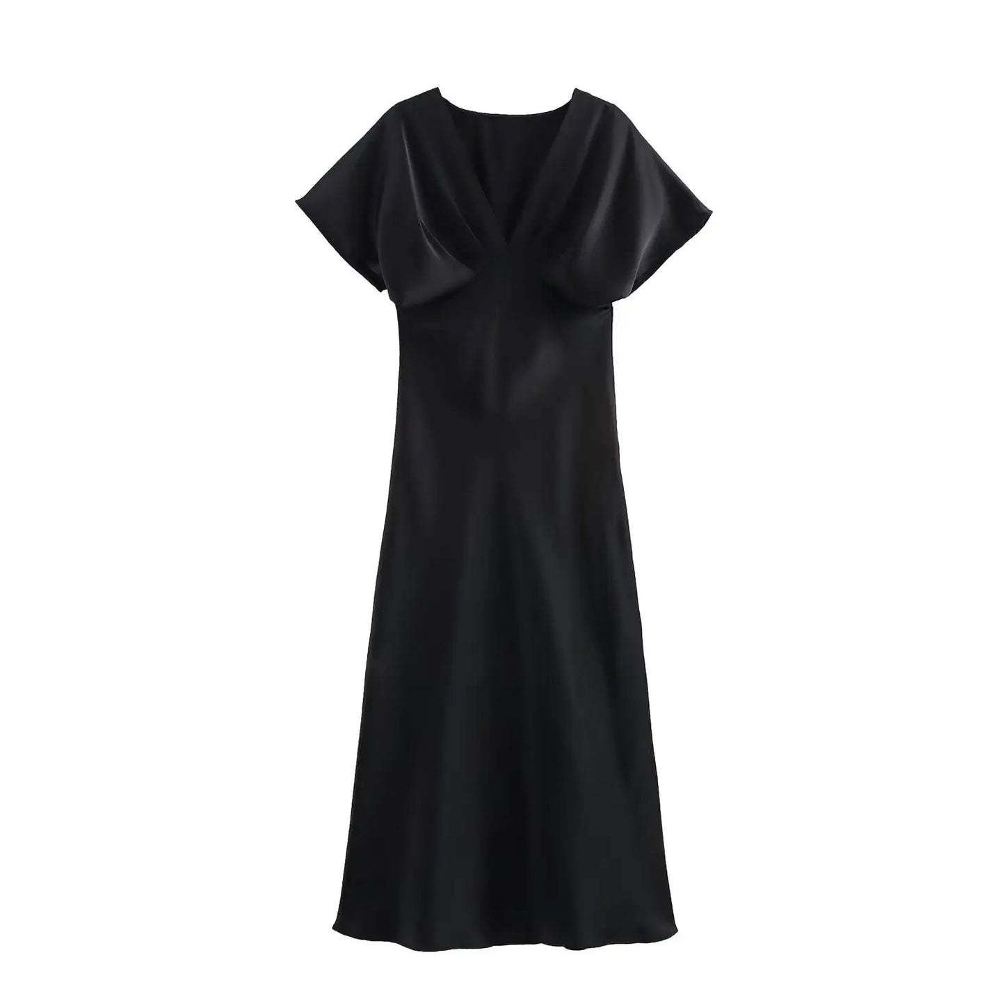 Women Elegant Solid Satin Dress Sexy V Neck Short Sleeve Midi Dress 2025 New Fashion Summer Lady Holidays Party Dress