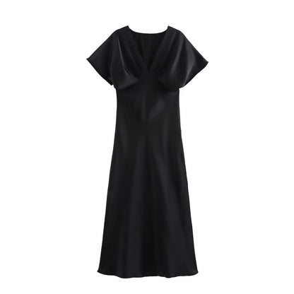 Women Elegant Solid Satin Dress Sexy V Neck Short Sleeve Midi Dress 2025 New Fashion Summer Lady Holidays Party Dress