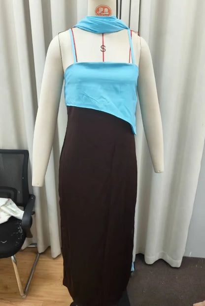 Fashion Color Block Spaghetti Strap Maxi Dress Women Elegant Halter Scarf  High Split Slim Vestidos 2026 New Daily Party Robes