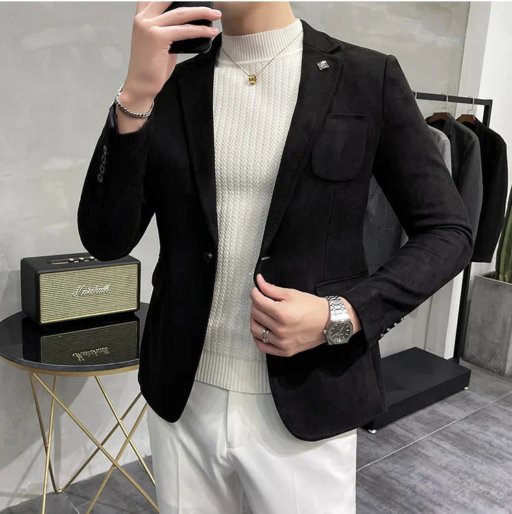 Men's Deerskin Fleece Suit Jacket 2025 Spring New High Quality Single Button Slim Fit Business Casual Suit Coat  Men Clothing