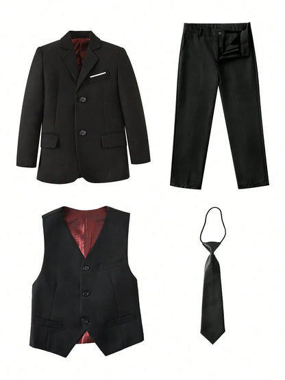 4pcs/set Boys' Suit Set With Pants, Vest, Tie And Jacket School Uniforms