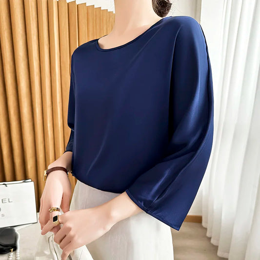 Summer New Short-Sleeved Acetic Acid Satin Round Neck Loose Joker T-Shirt Women's Mid-Sleeve Five-Point Sleeve Jacket Short