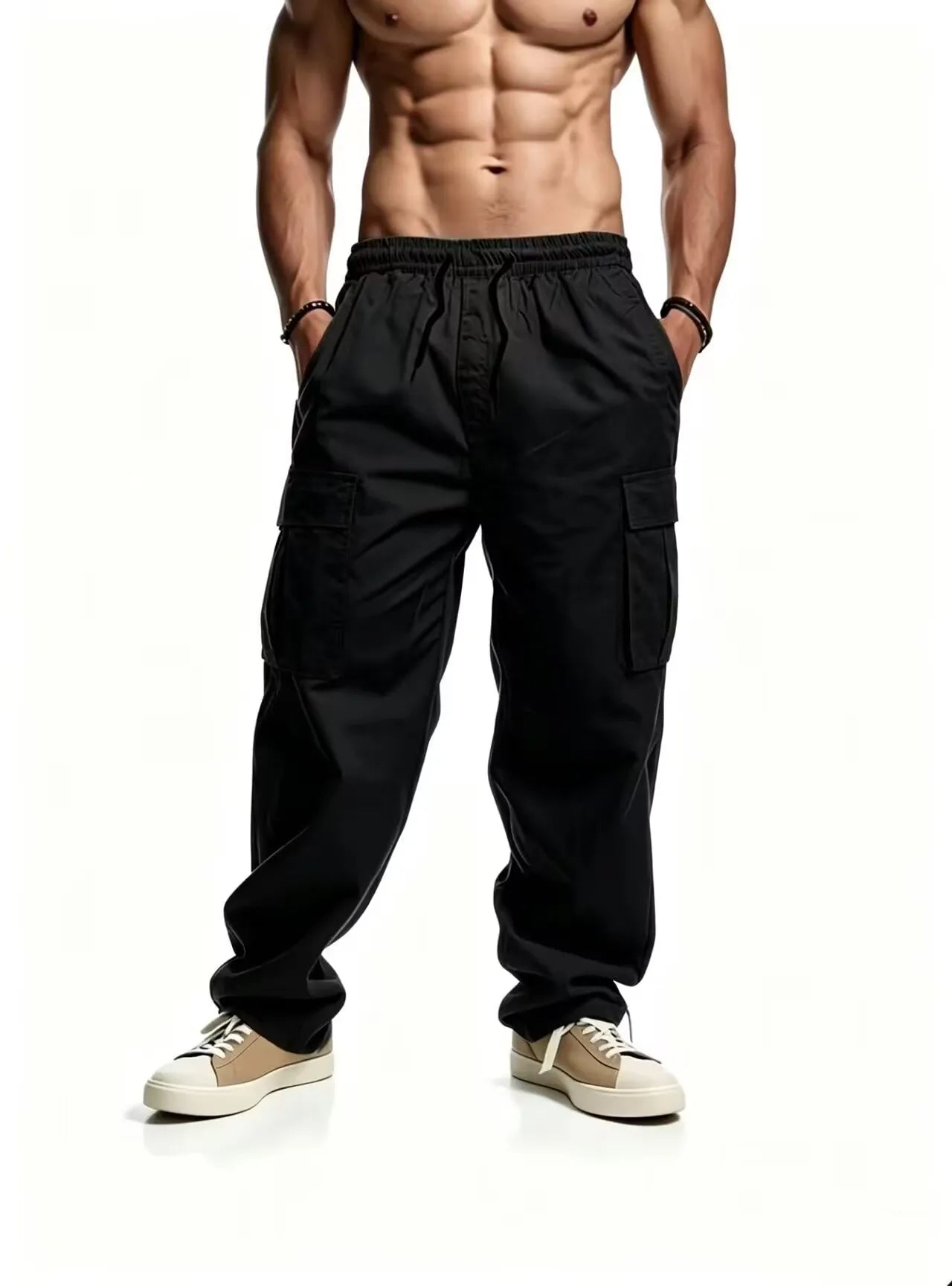 Men's casual multi pocket work pants with loose fit and drawstring waistband suitable for hikingfishingand outdoor exploration