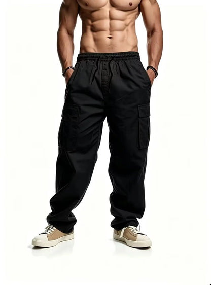 Men's casual multi pocket work pants with loose fit and drawstring waistband suitable for hikingfishingand outdoor exploration