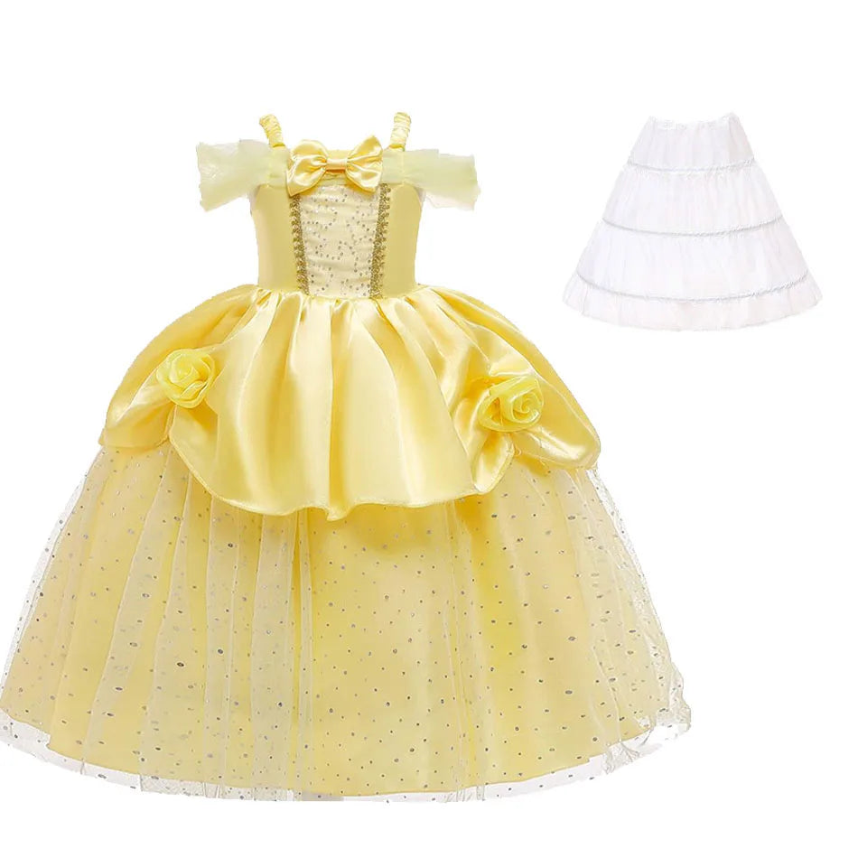 Girls Belle Cosplay Costumes Girls Dresses for Beauty Kids Party Clothing Magic Stick Crown Children Yellow Dress and The Beast