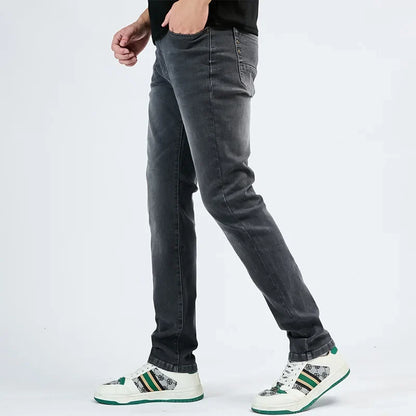 2025 Autumn New Men's Slim Elastic Jeans Fashion Korean Small Straight Pencil Pants Soft Comfortable Casual Green Denim Pants