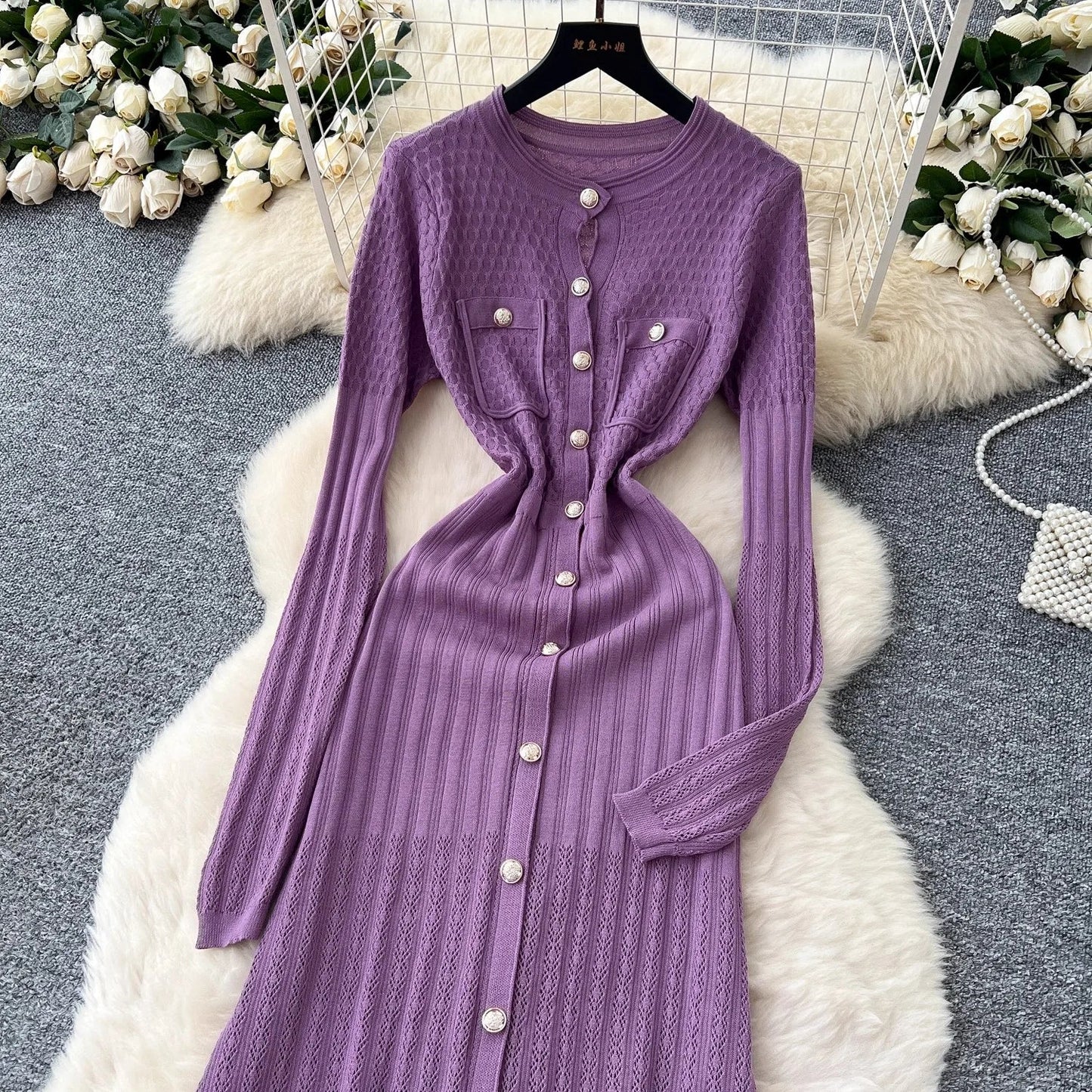 Brand Fashion Aesthetic Patchwork Knitted Maxi Dress Autumn Winter Women Luxury Shirt Sweater Dress Office Lady Vestido